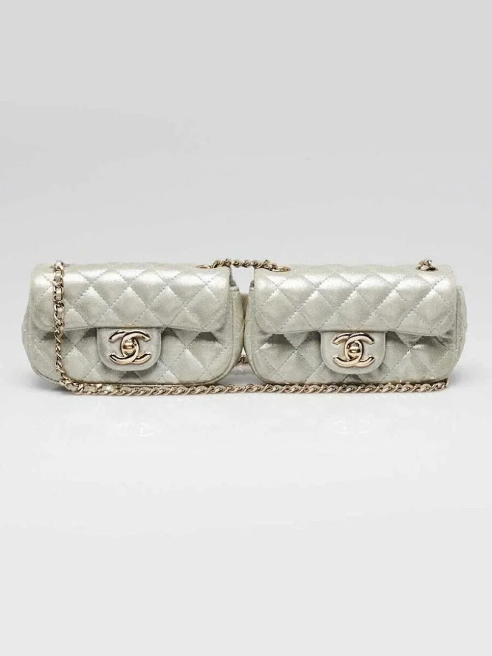 Chanel Silver Quilted Metallic Lambskin Leather Mini Twin Flap Bag